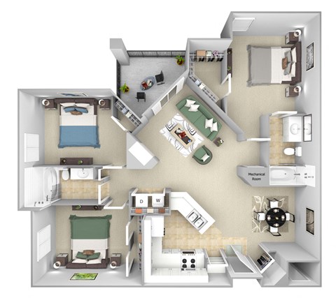 Floor plan for 3 beds, 2 baths, 1254 sqft